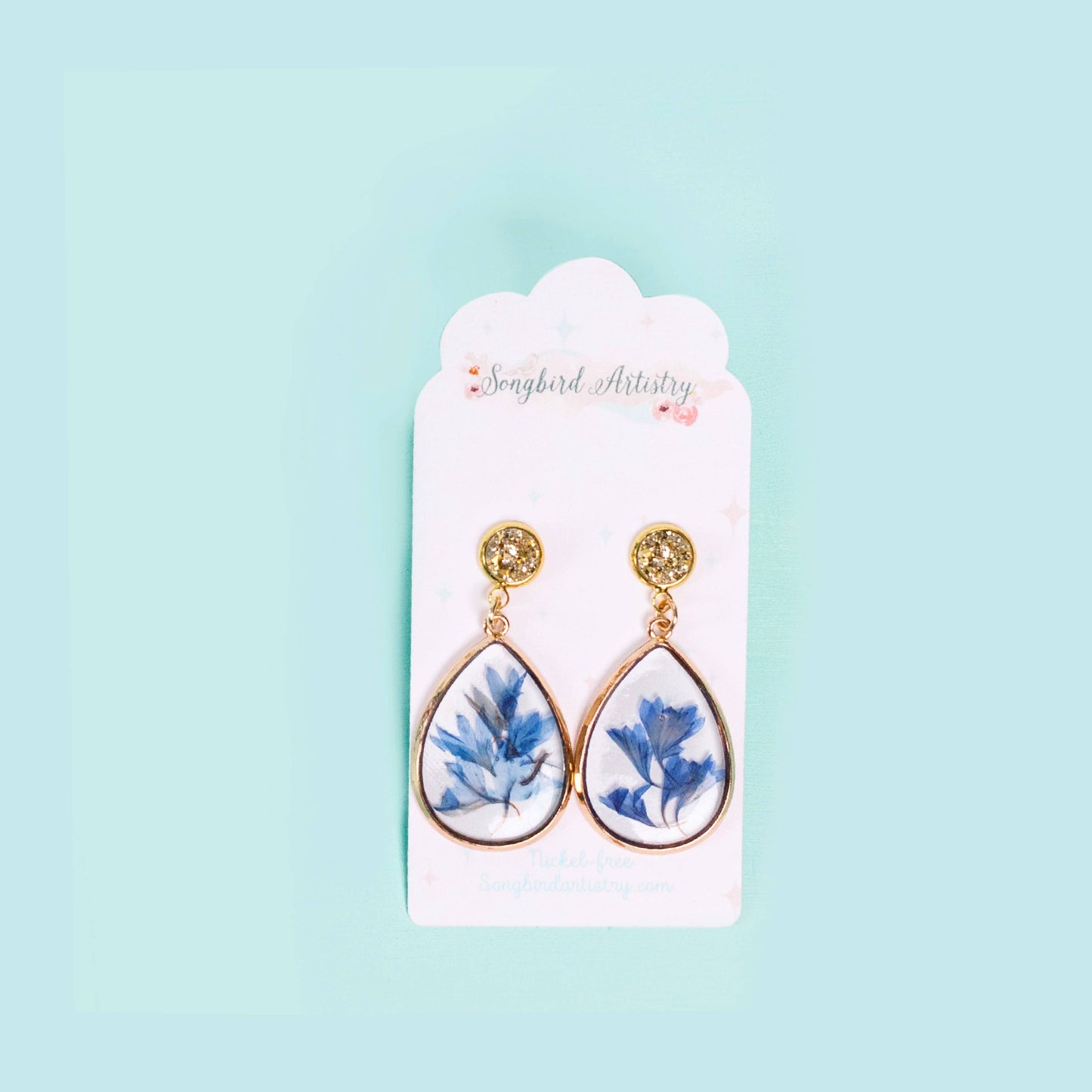 Real Dried Cornflower Petal and Druze Earrings by Songbird Artistry